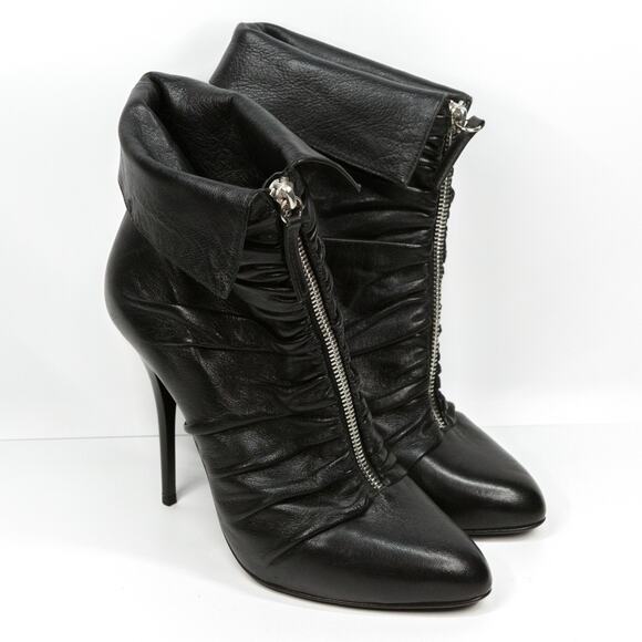 GUISEPPE ZANOTTI Zip Up Stiletto Ankle Boots Slouchy Ruched Leather 37.5 (6.5-7) - Picture 3 of 9